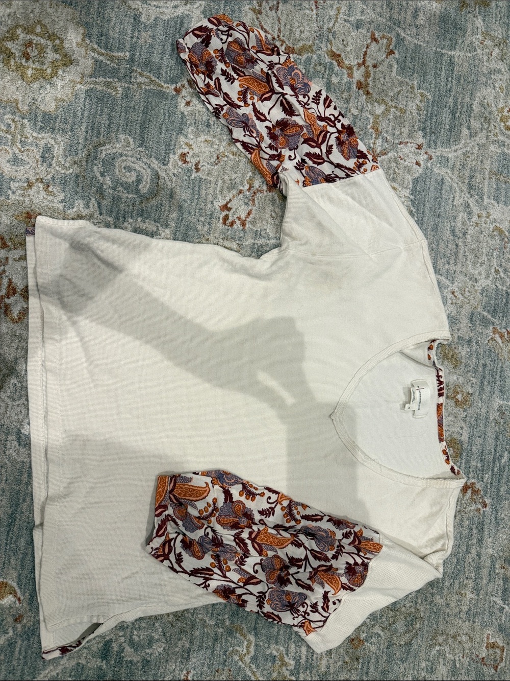 Anthropologie White Long Sleeve Top with Floral Puff Sleeves